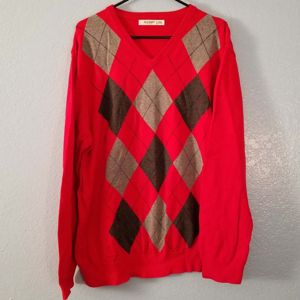 Old navy men's red argyle sweater size XXL gray